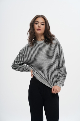  Bisiklet Yaka Oversize Çizgili Sweatshirt - 5