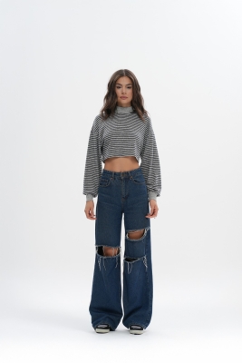 Crop Oversize Çizgili Sweatshirt - 1