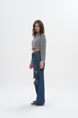 Crop Oversize Çizgili Sweatshirt - 2