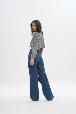 Crop Oversize Çizgili Sweatshirt - 4