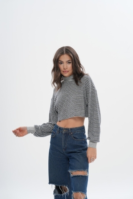 Crop Oversize Çizgili Sweatshirt - 6