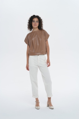  Crop Oversize Suni Deri Bluz 